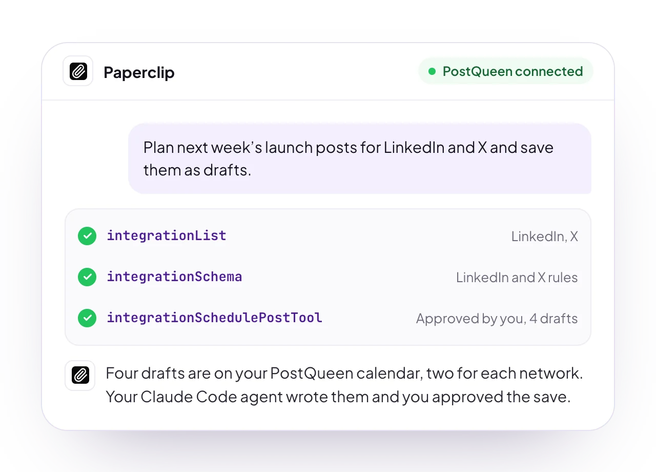 A sample Paperclip chat with PostQueen connected: a request for posts, the PostQueen tools it used, and the reply