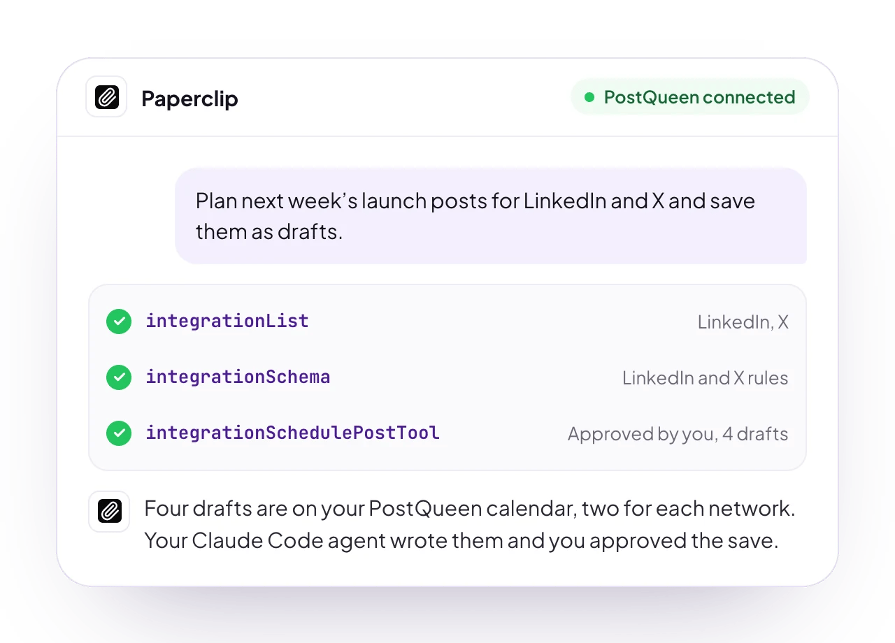 A sample Paperclip chat with PostQueen connected: a request for posts, the PostQueen tools it used, and the reply