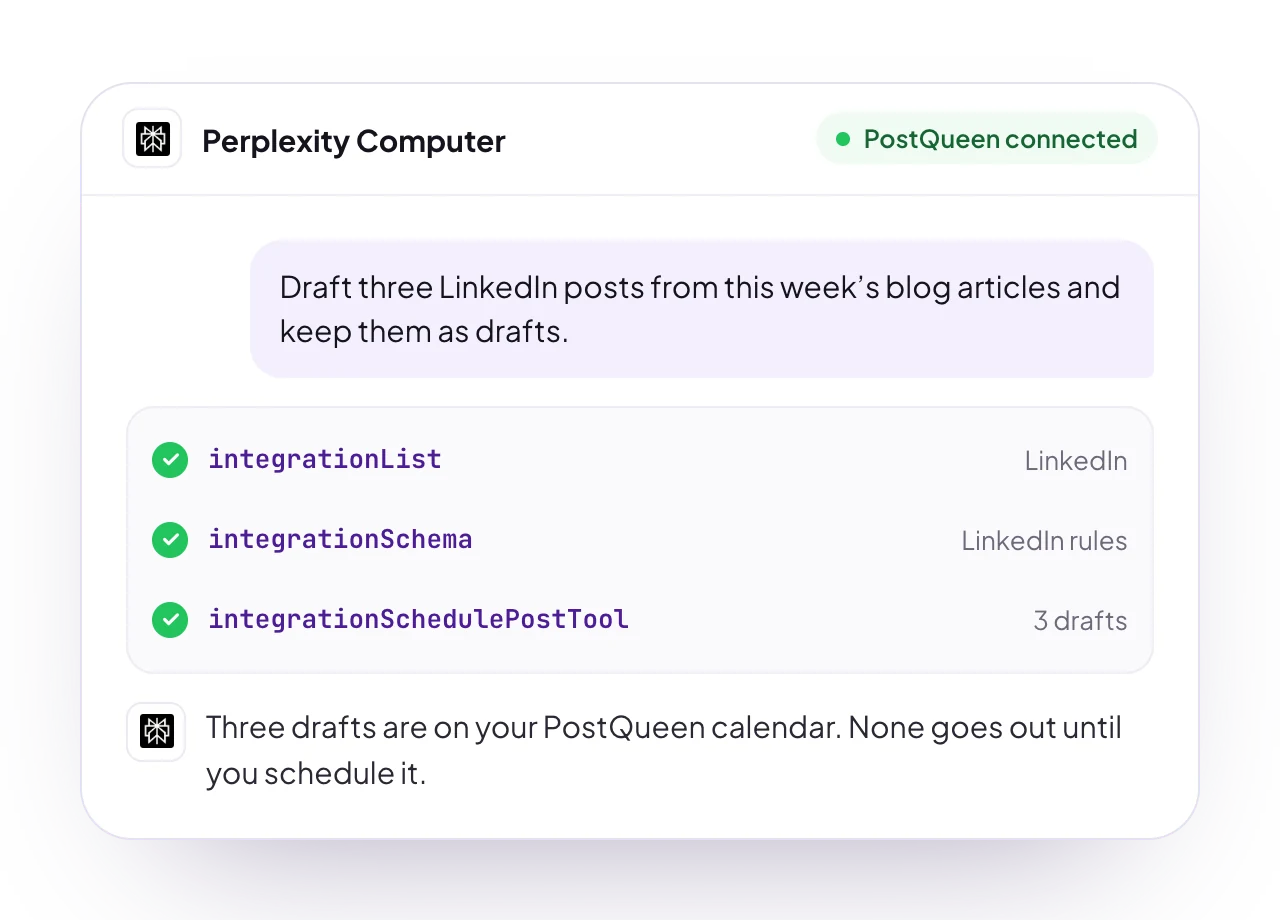 A sample Perplexity Computer chat with PostQueen connected: a request for posts, the PostQueen tools it used, and the reply