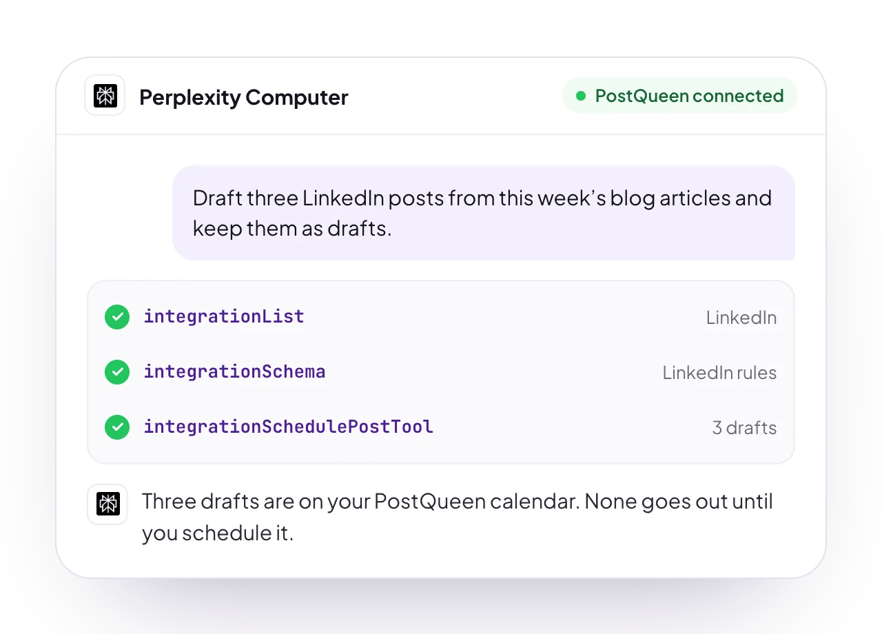 A sample Perplexity Computer chat with PostQueen connected: a request for posts, the PostQueen tools it used, and the reply