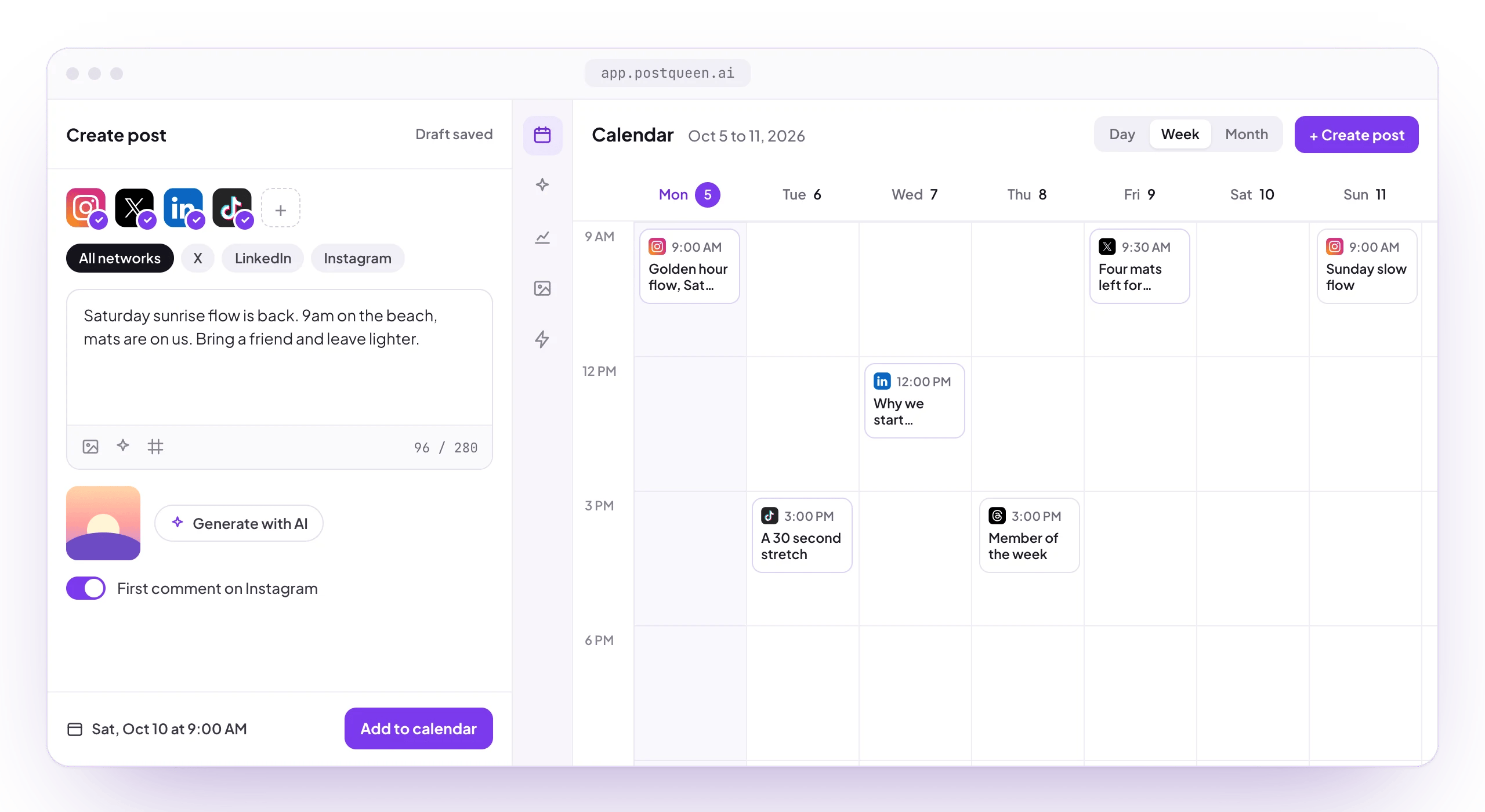 The Create post panel next to the calendar, with four channels picked and the time the post goes out