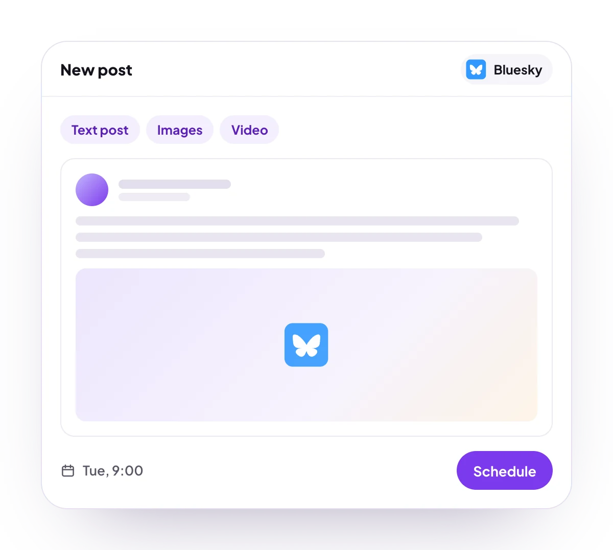 A new Bluesky post in the PostQueen composer, with the post types Bluesky takes and the time it goes out