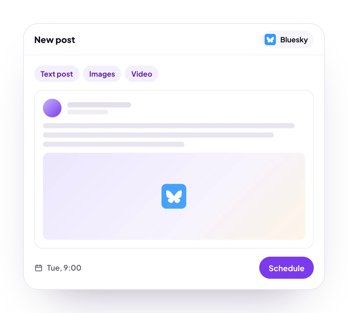 A new Bluesky post in the PostQueen composer, with the post types Bluesky takes and the time it goes out