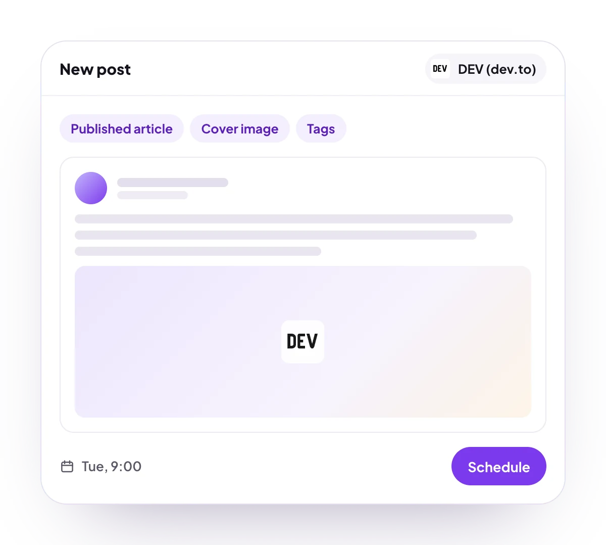 A new DEV (dev.to) post in the PostQueen composer, with the post types DEV (dev.to) takes and the time it goes out