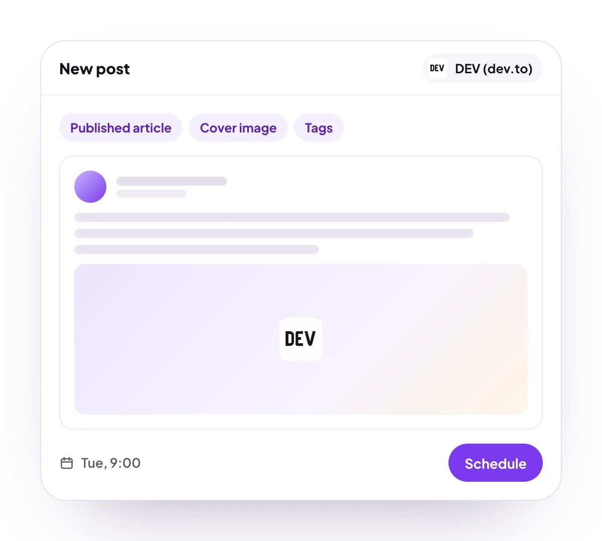A new DEV (dev.to) post in the PostQueen composer, with the post types DEV (dev.to) takes and the time it goes out