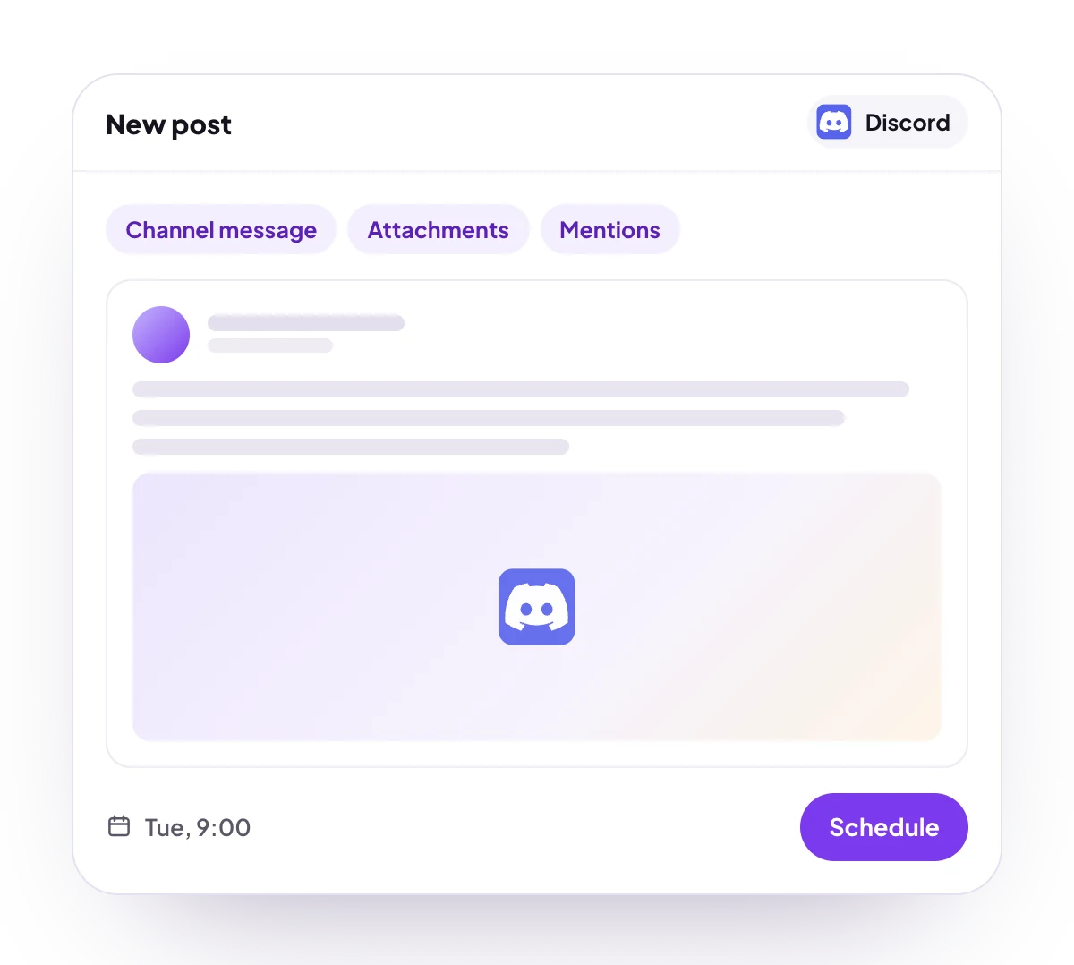 A new Discord post in the PostQueen composer, with the post types Discord takes and the time it goes out