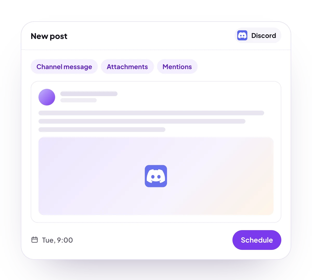 A new Discord post in the PostQueen composer, with the post types Discord takes and the time it goes out