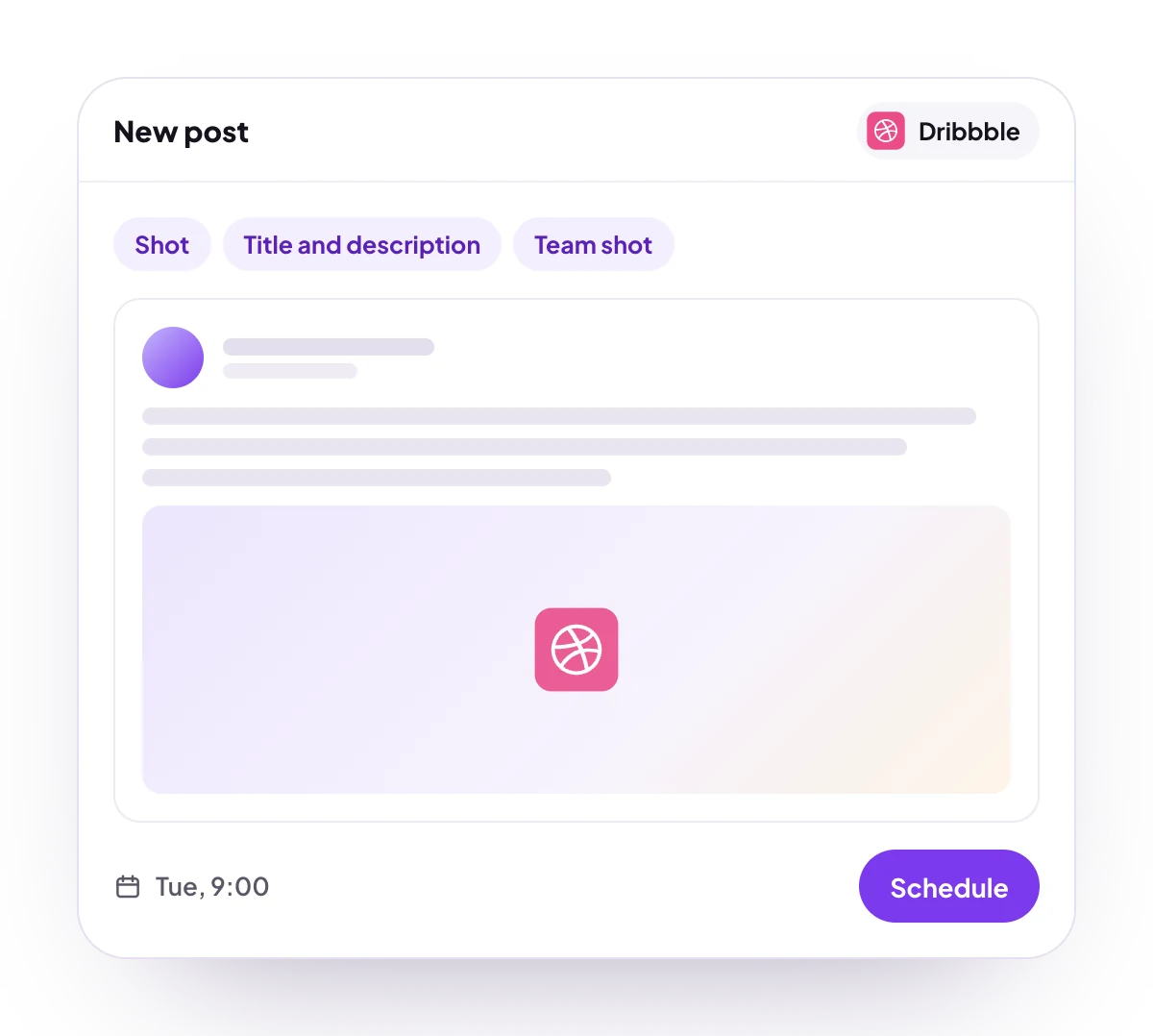 A new Dribbble post in the PostQueen composer, with the post types Dribbble takes and the time it goes out