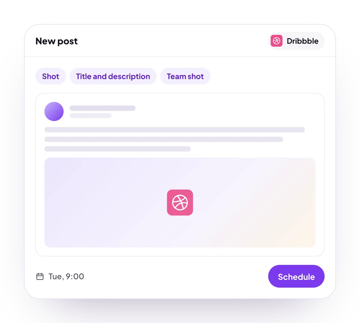 A new Dribbble post in the PostQueen composer, with the post types Dribbble takes and the time it goes out