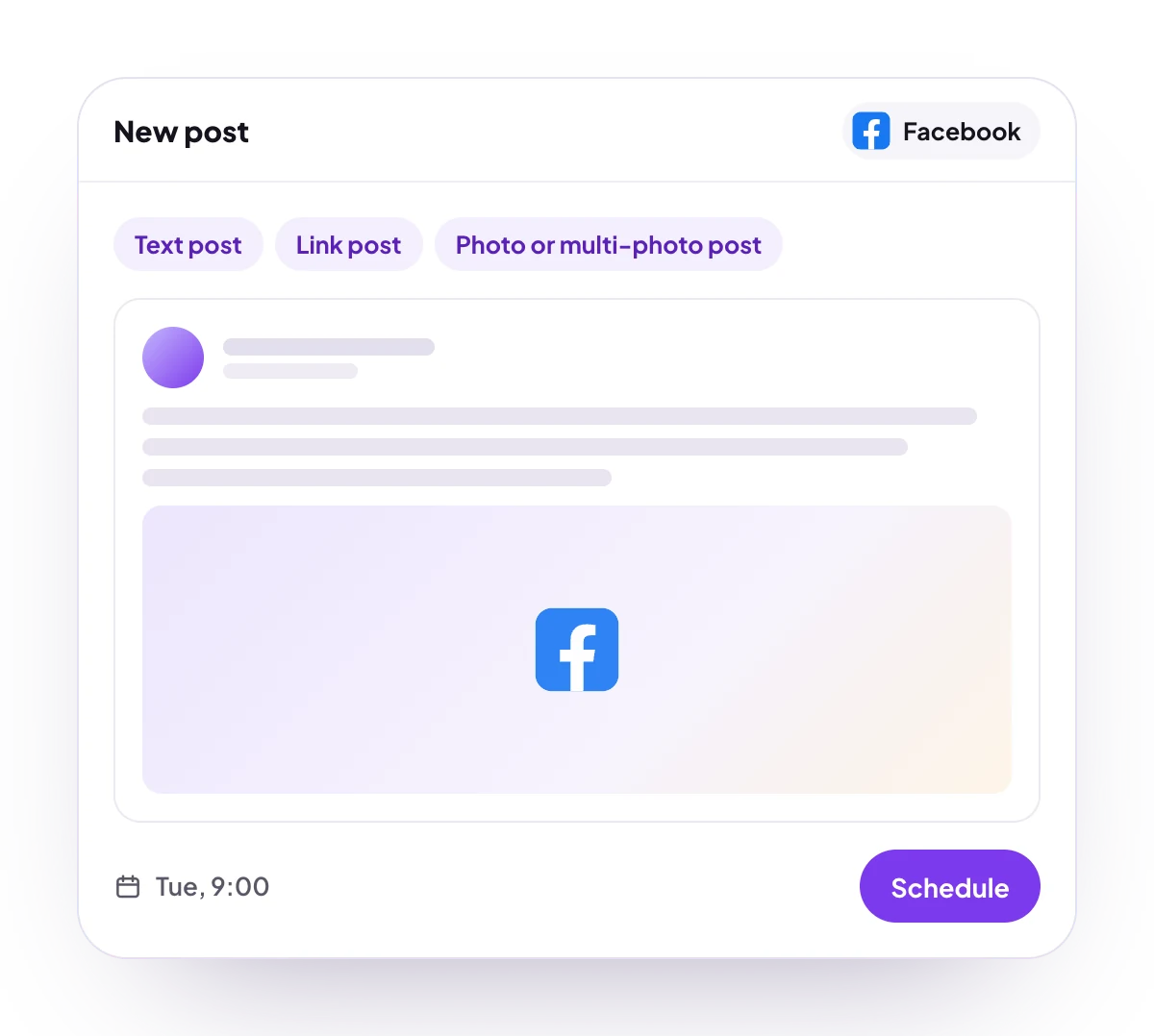 A new Facebook post in the PostQueen composer, with the post types Facebook takes and the time it goes out