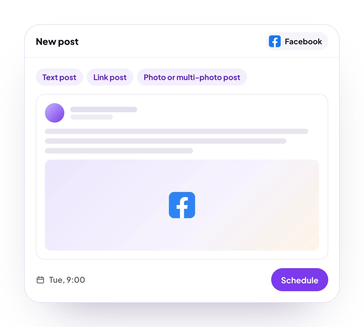 A new Facebook post in the PostQueen composer, with the post types Facebook takes and the time it goes out