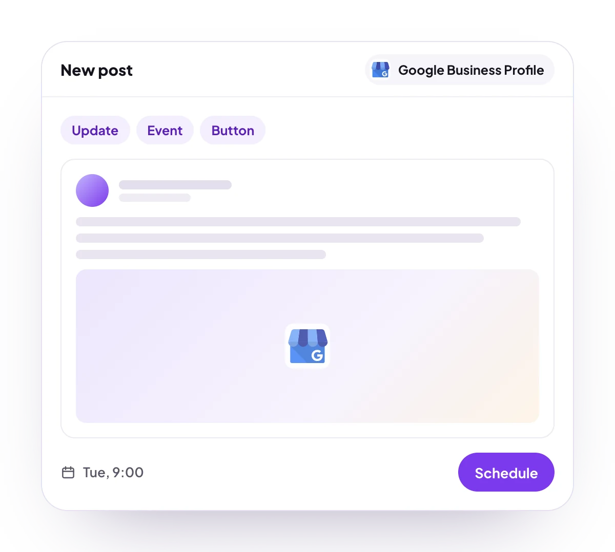 A new Google Business Profile post in the PostQueen composer, with the post types Google Business Profile takes and the time it goes out