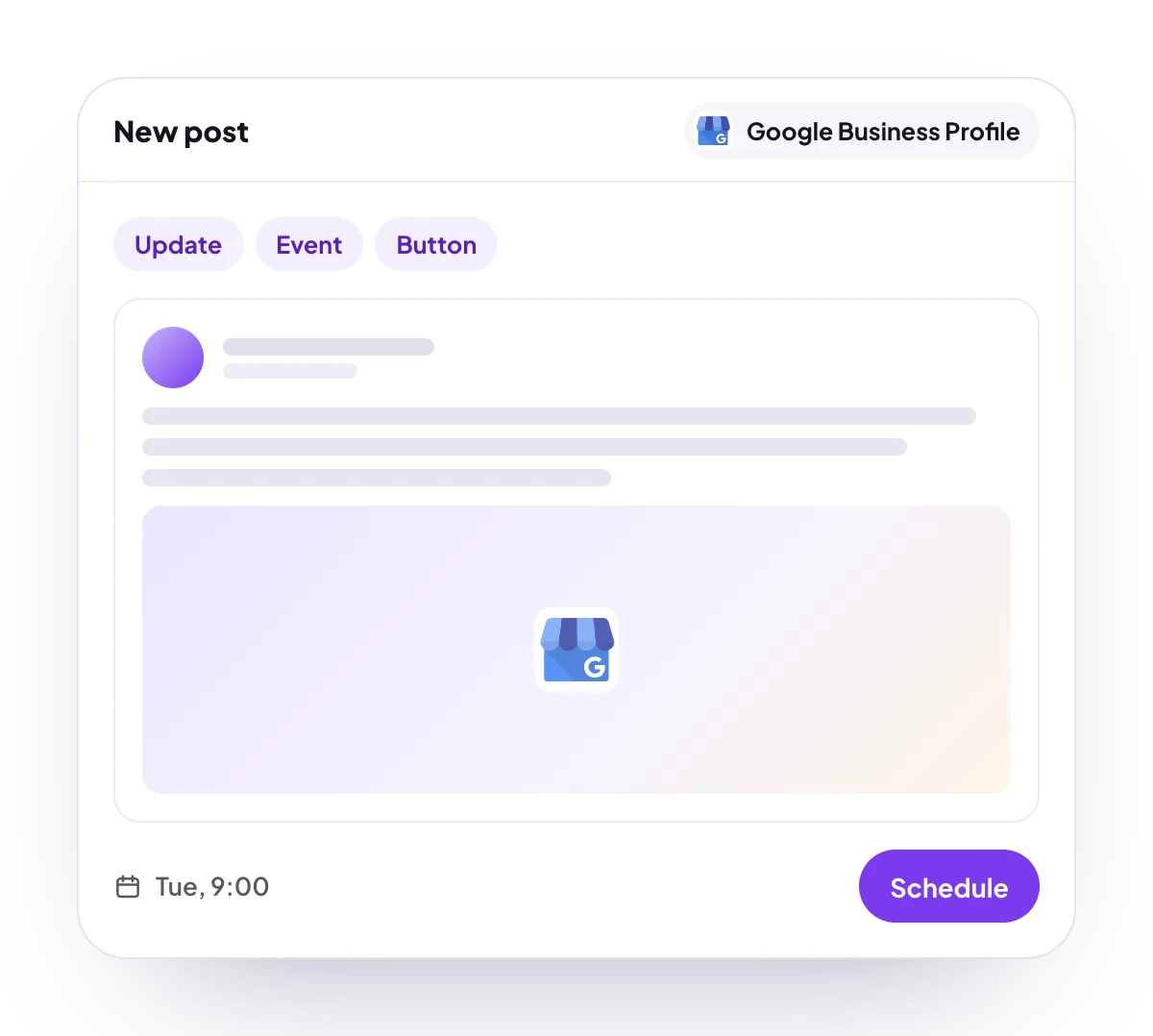 A new Google Business Profile post in the PostQueen composer, with the post types Google Business Profile takes and the time it goes out