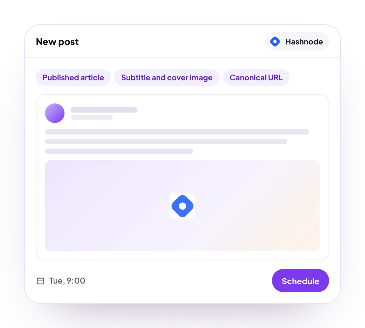A new Hashnode post in the PostQueen composer, with the post types Hashnode takes and the time it goes out