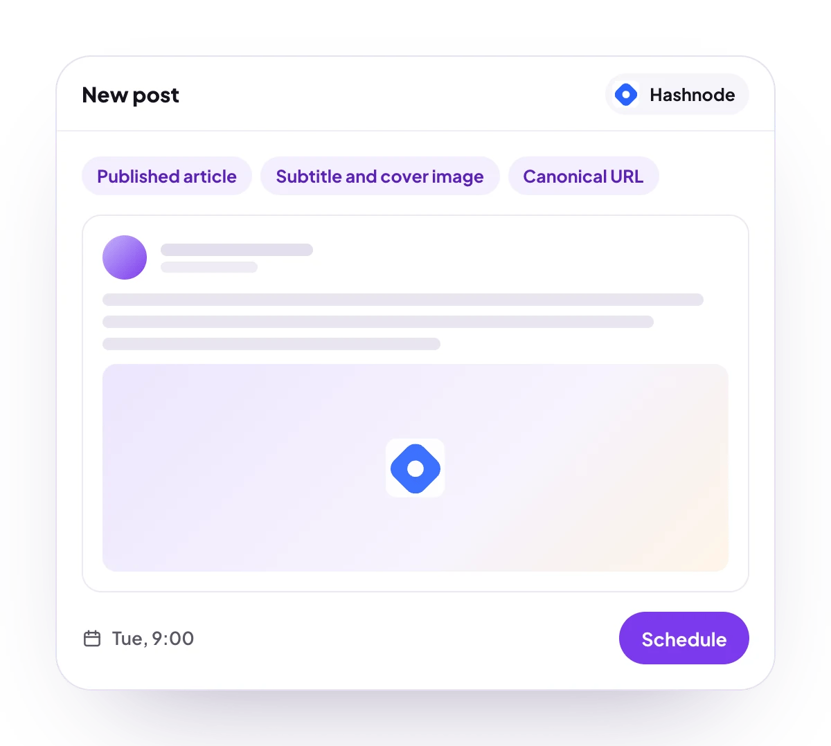 A new Hashnode post in the PostQueen composer, with the post types Hashnode takes and the time it goes out