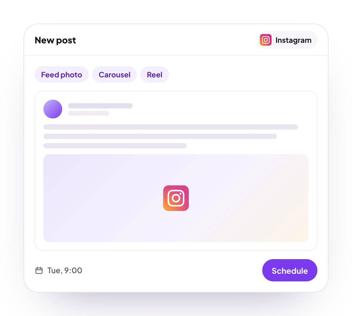 A new Instagram post in the PostQueen composer, with the post types Instagram takes and the time it goes out