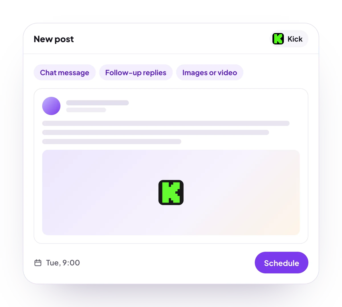 A new Kick post in the PostQueen composer, with the post types Kick takes and the time it goes out