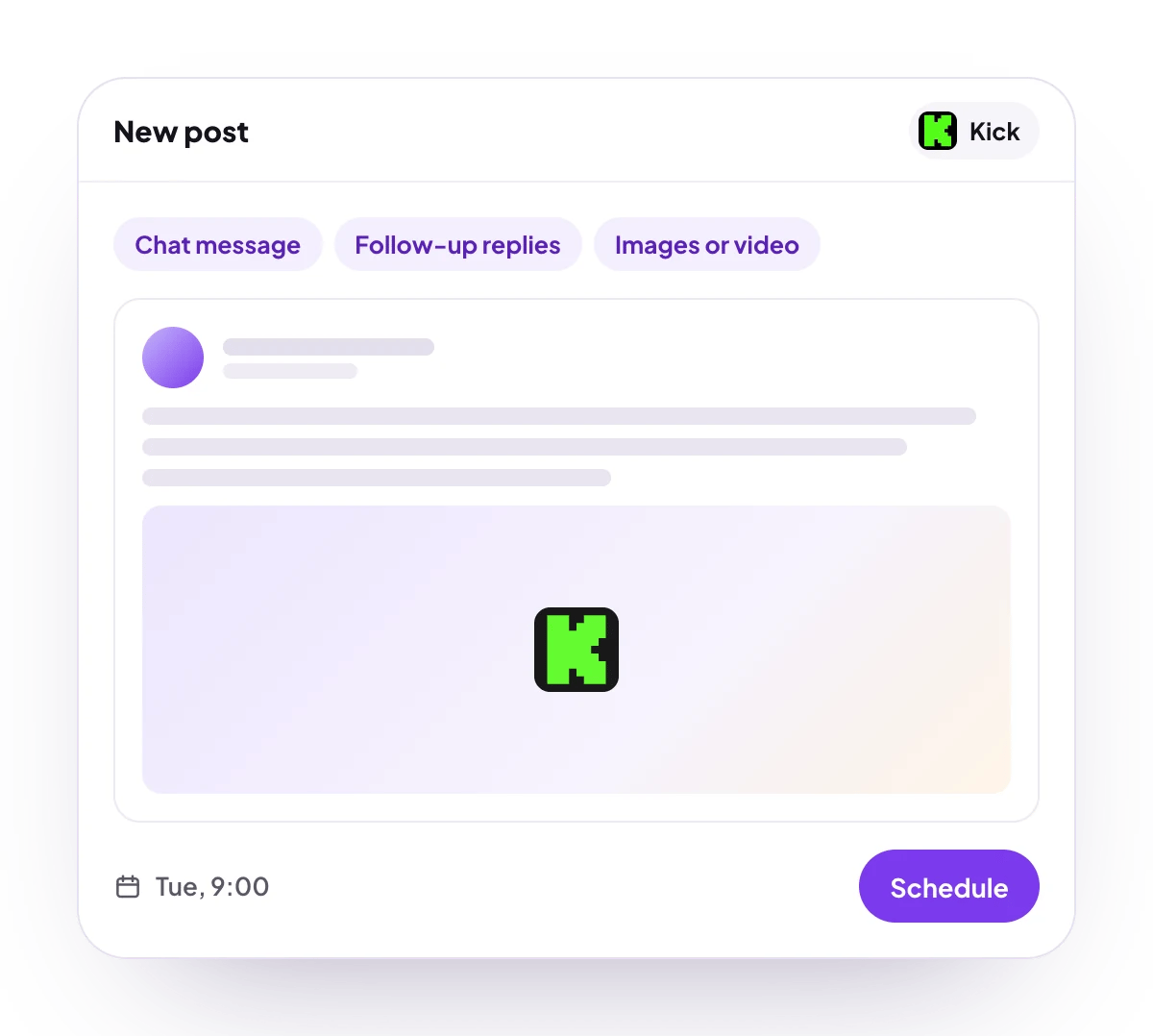 A new Kick post in the PostQueen composer, with the post types Kick takes and the time it goes out