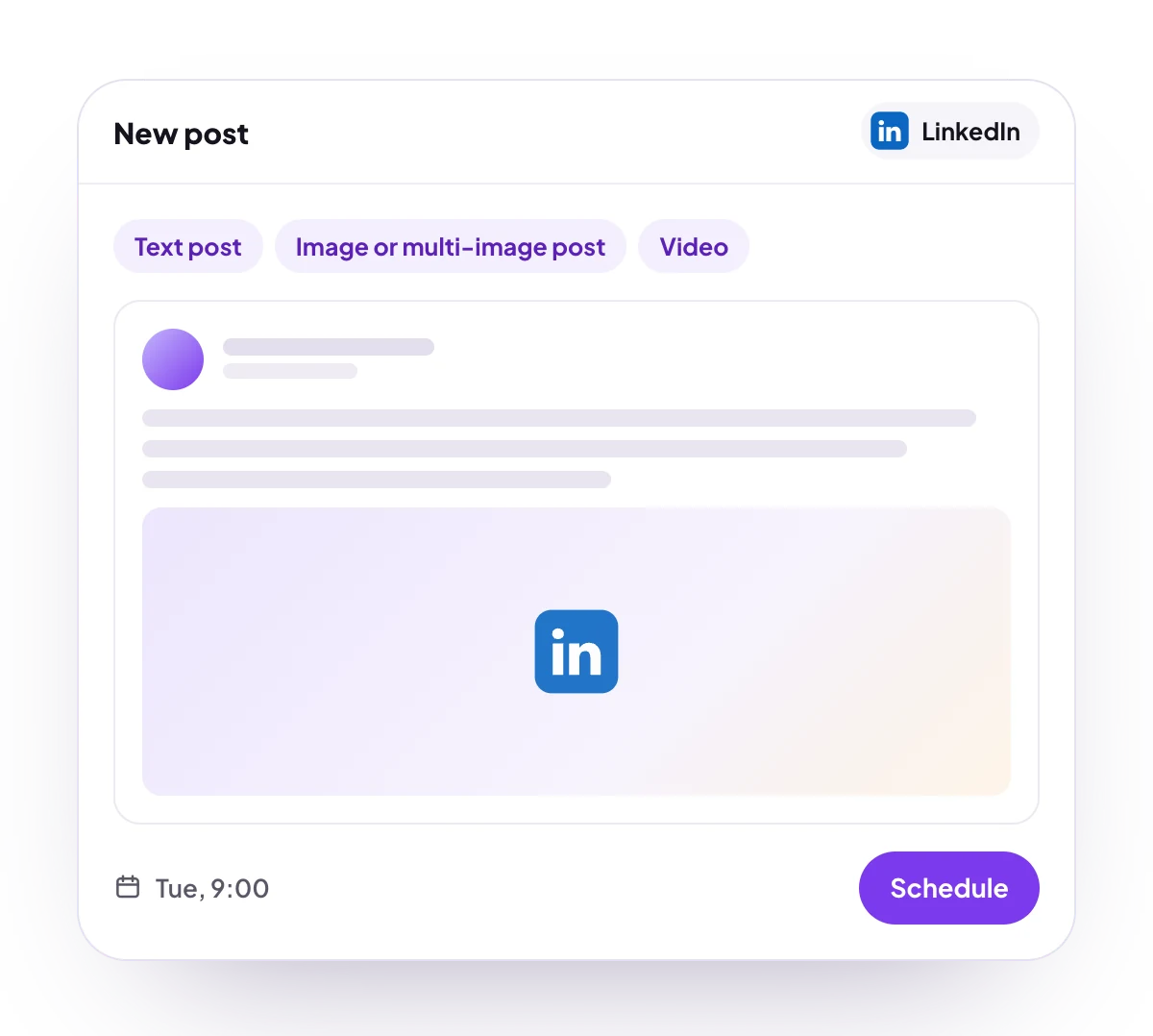 A new LinkedIn post in the PostQueen composer, with the post types LinkedIn takes and the time it goes out
