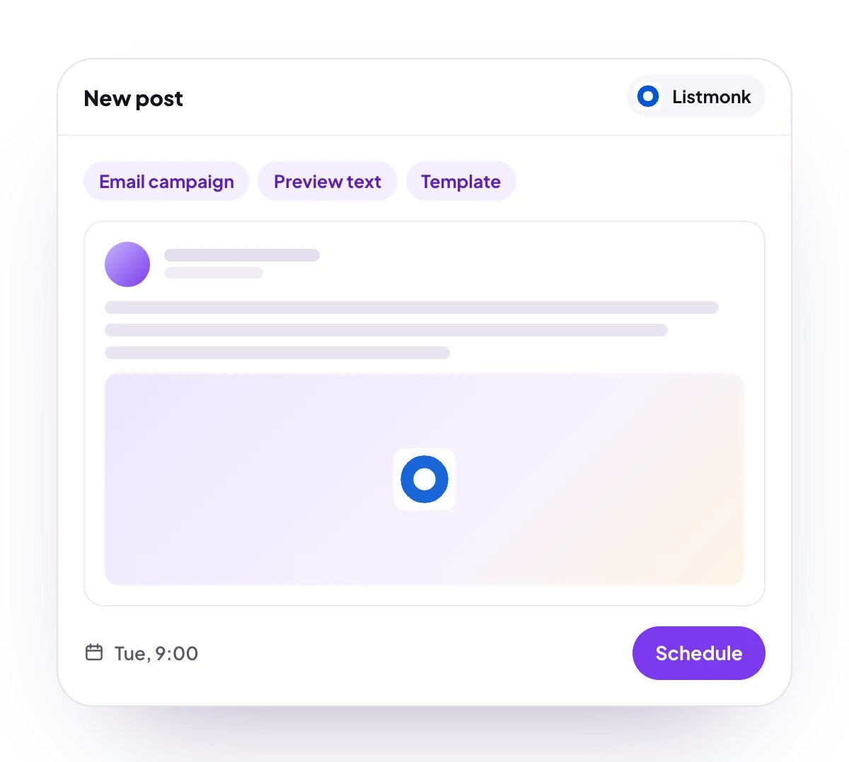 A new Listmonk post in the PostQueen composer, with the post types Listmonk takes and the time it goes out