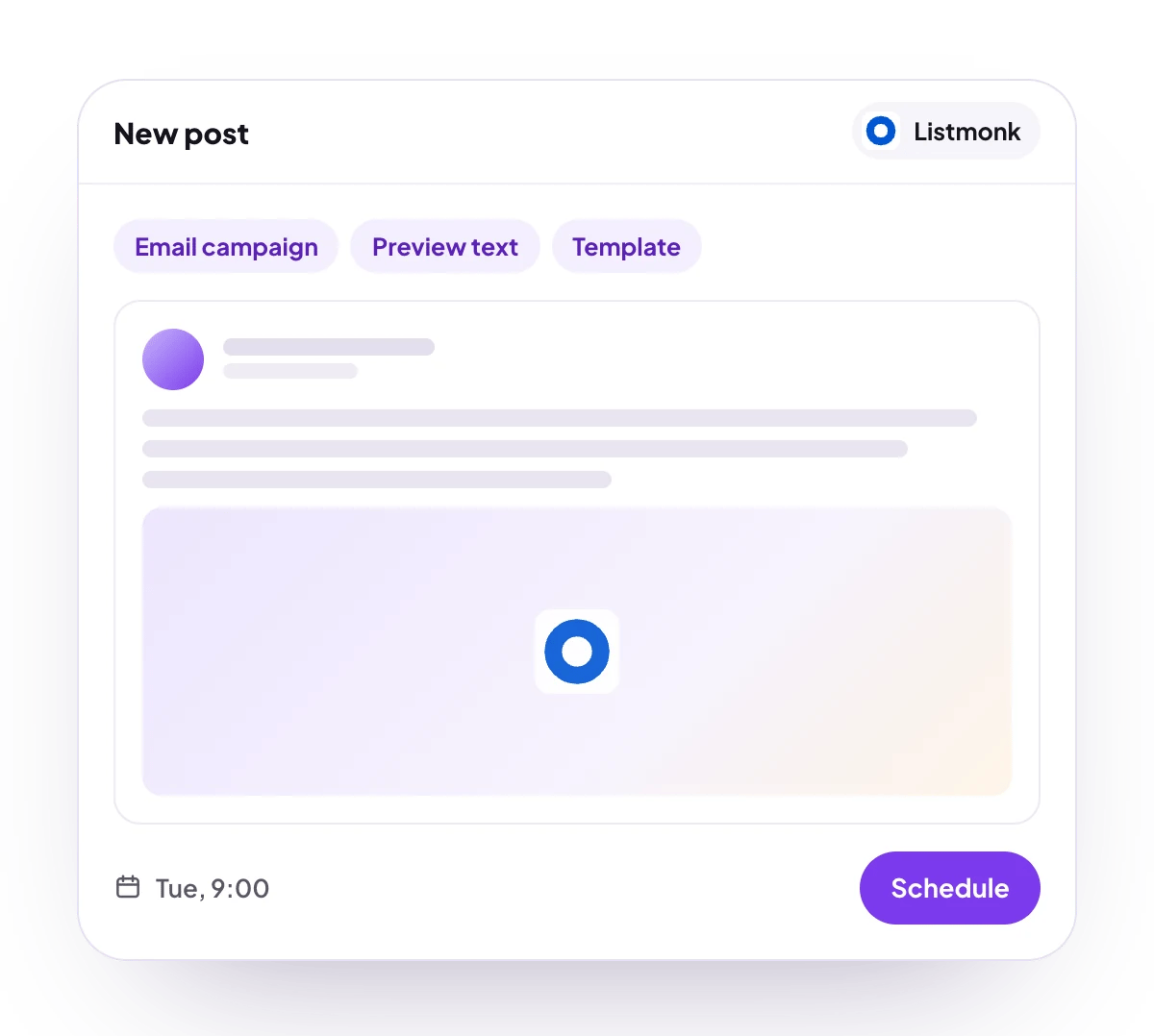 A new Listmonk post in the PostQueen composer, with the post types Listmonk takes and the time it goes out