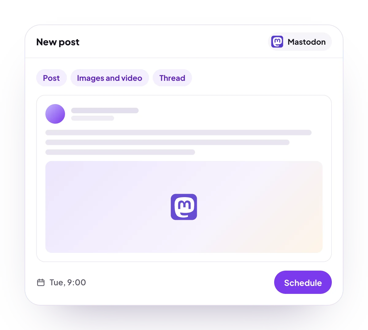 A new Mastodon post in the PostQueen composer, with the post types Mastodon takes and the time it goes out