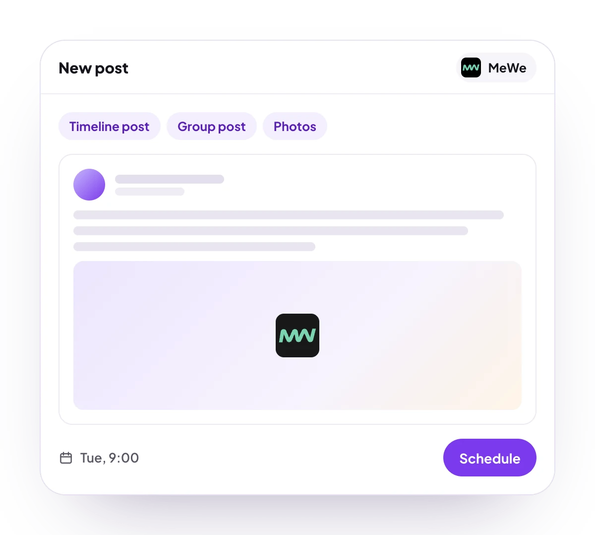 A new MeWe post in the PostQueen composer, with the post types MeWe takes and the time it goes out