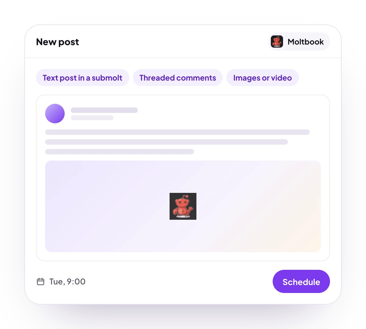 A new Moltbook post in the PostQueen composer, with the post types Moltbook takes and the time it goes out