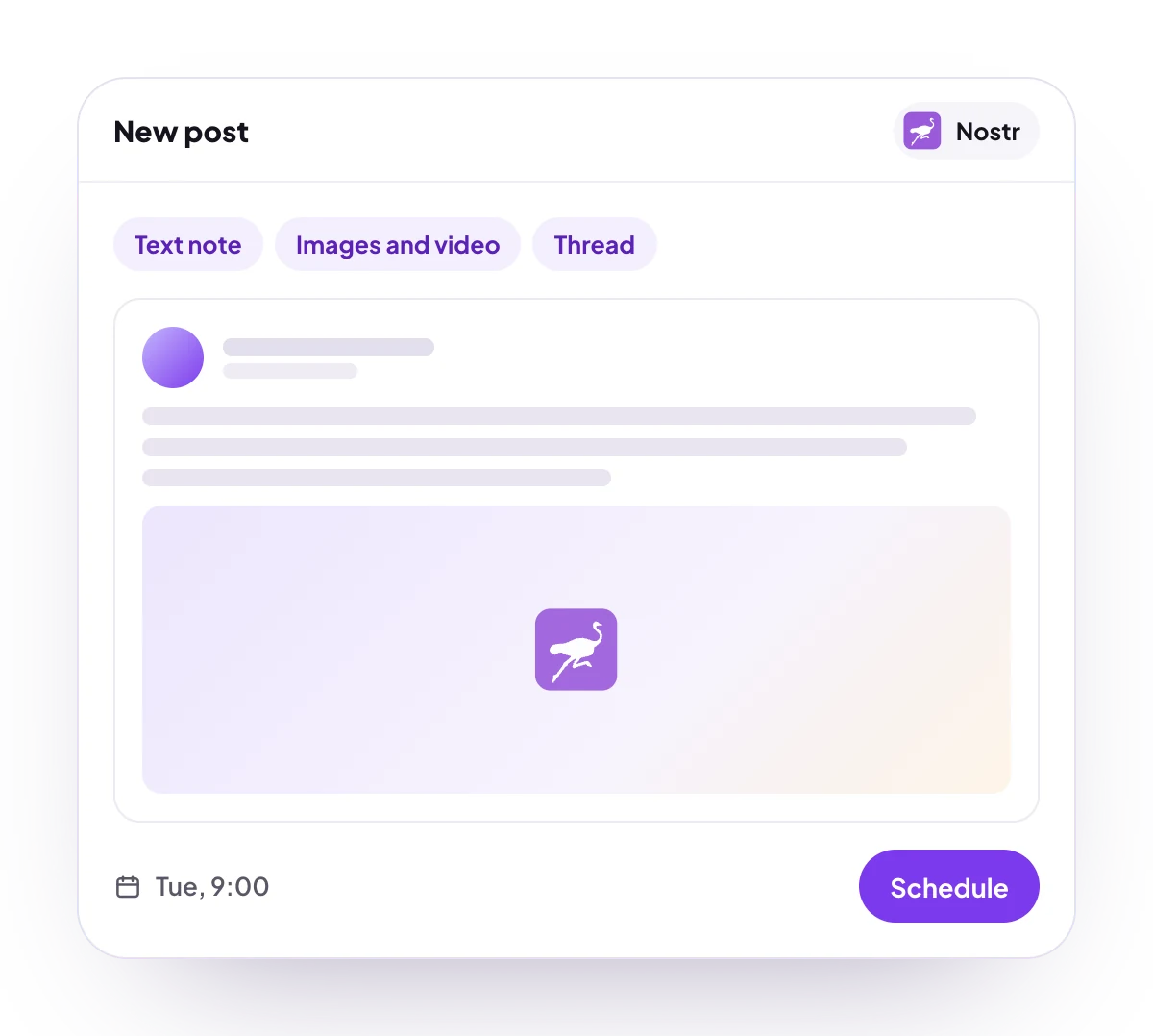 A new Nostr post in the PostQueen composer, with the post types Nostr takes and the time it goes out