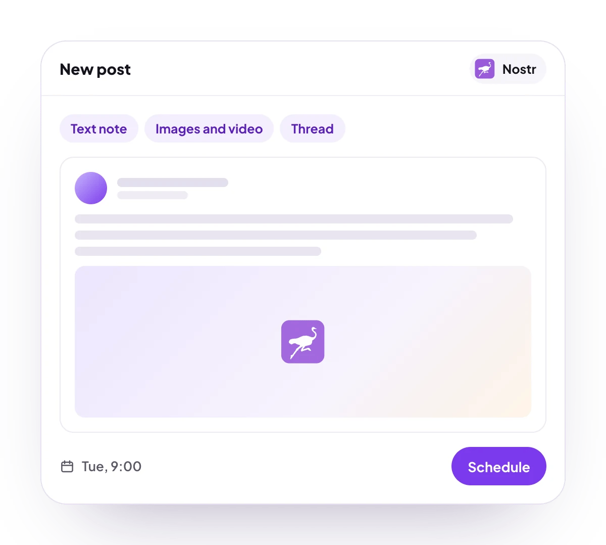 A new Nostr post in the PostQueen composer, with the post types Nostr takes and the time it goes out
