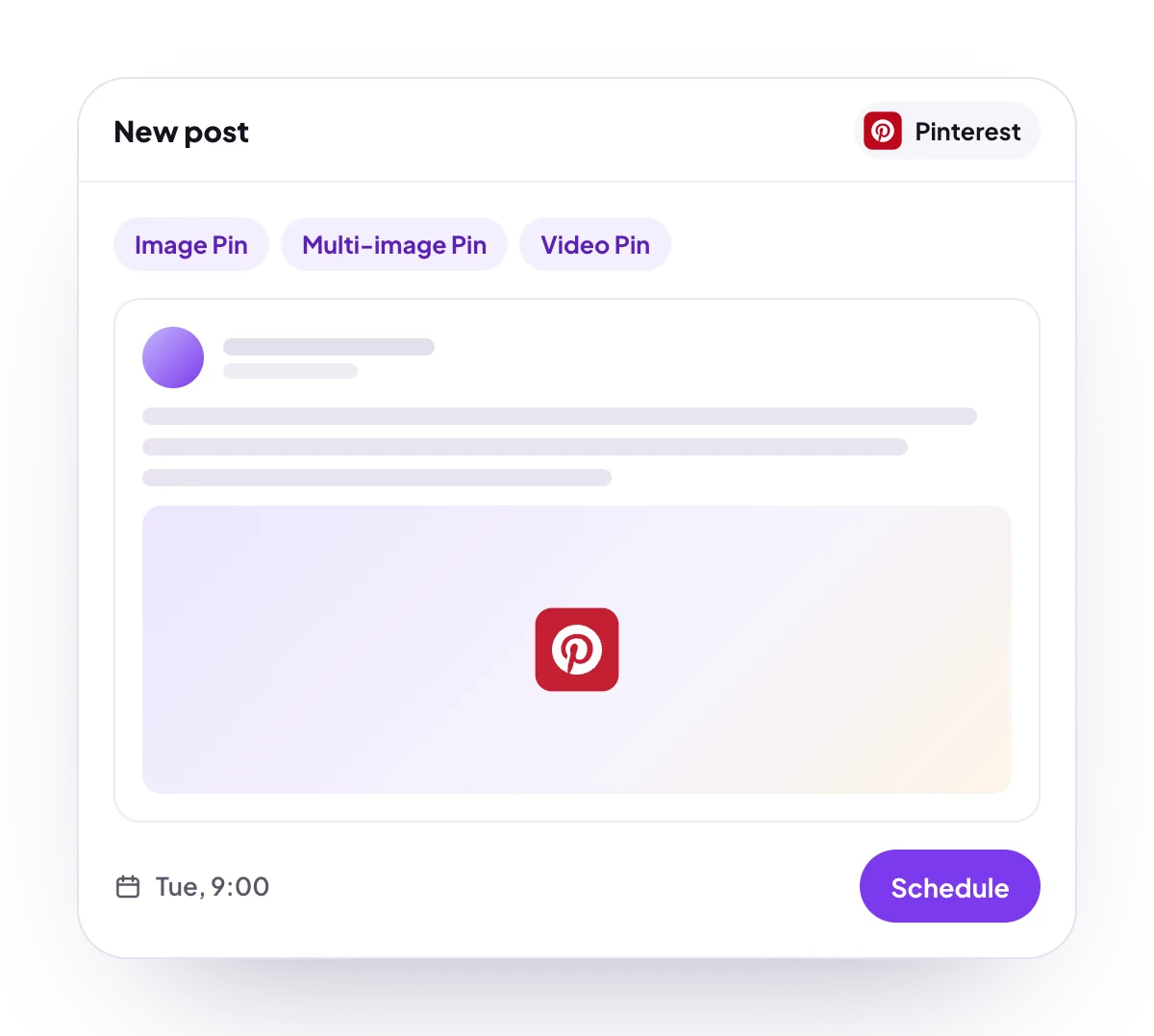 A new Pinterest post in the PostQueen composer, with the post types Pinterest takes and the time it goes out