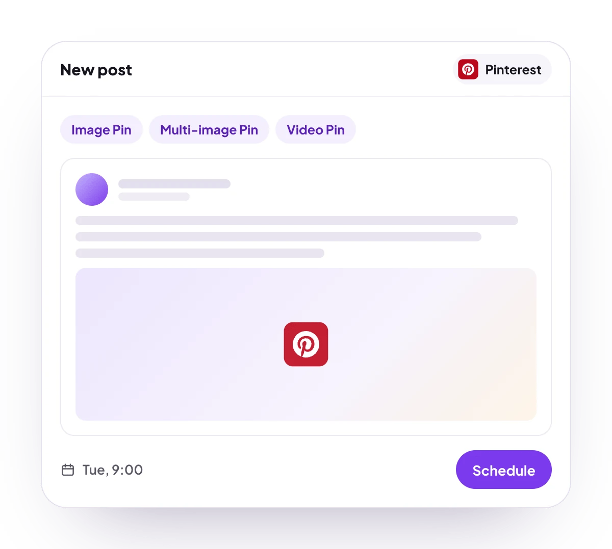 A new Pinterest post in the PostQueen composer, with the post types Pinterest takes and the time it goes out