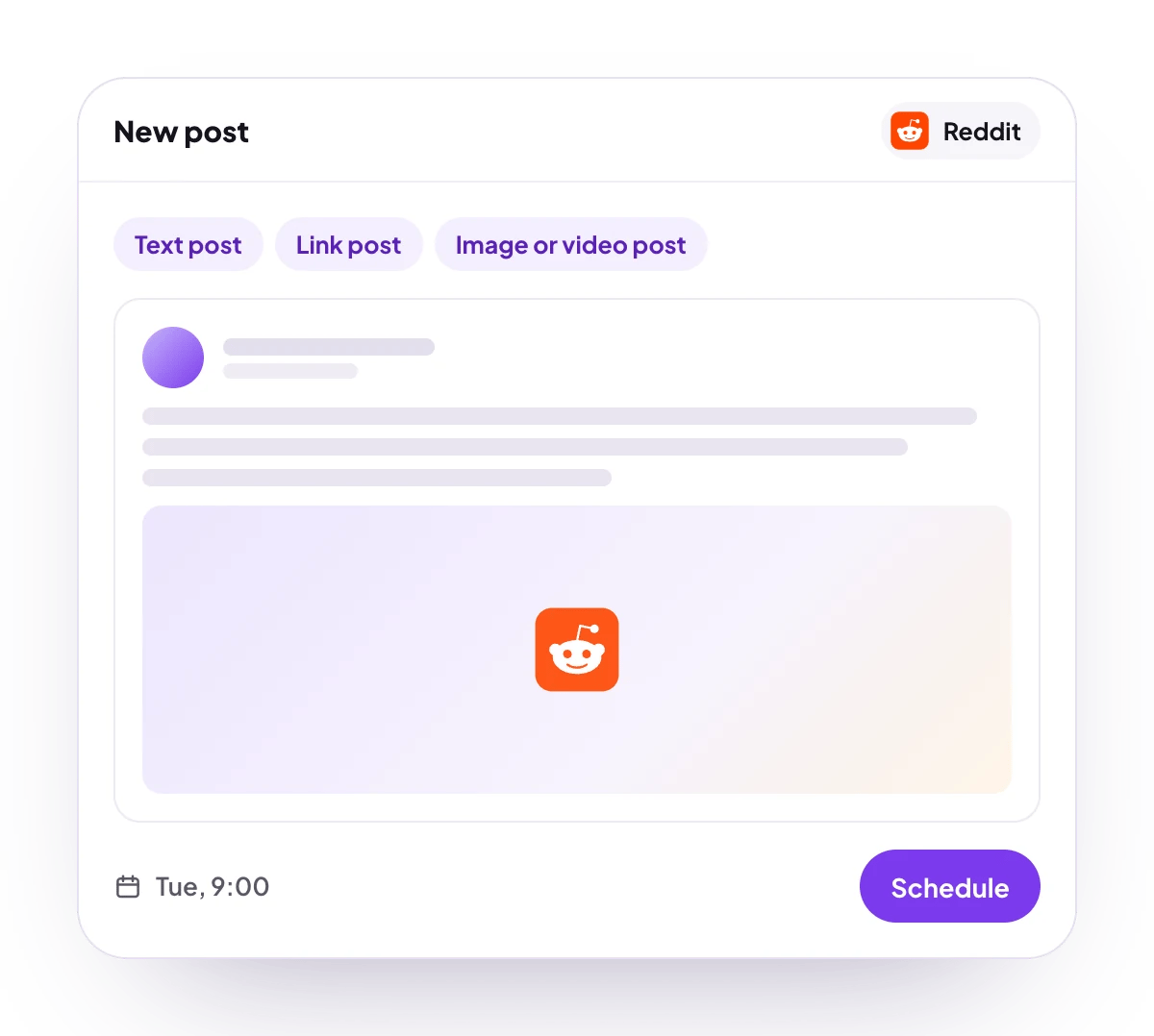 A new Reddit post in the PostQueen composer, with the post types Reddit takes and the time it goes out