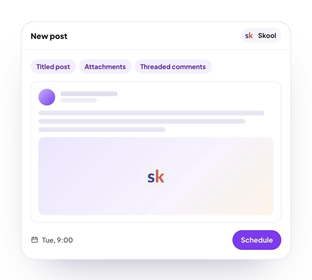 A new Skool post in the PostQueen composer, with the post types Skool takes and the time it goes out