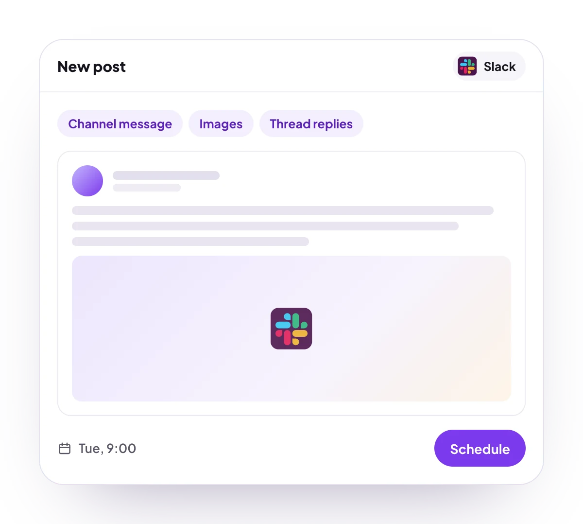 A new Slack post in the PostQueen composer, with the post types Slack takes and the time it goes out