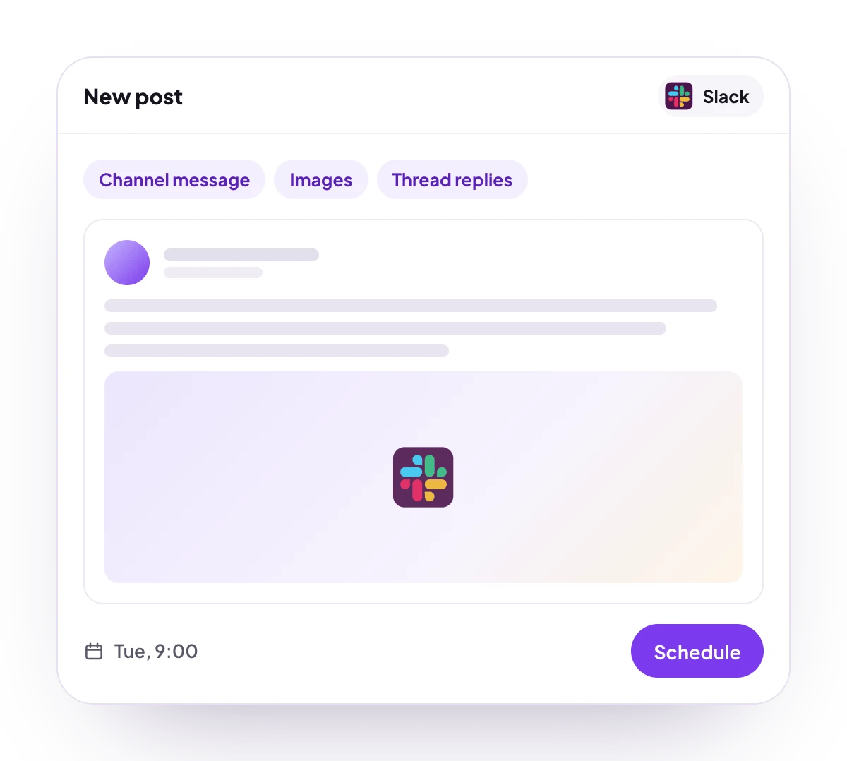 A new Slack post in the PostQueen composer, with the post types Slack takes and the time it goes out