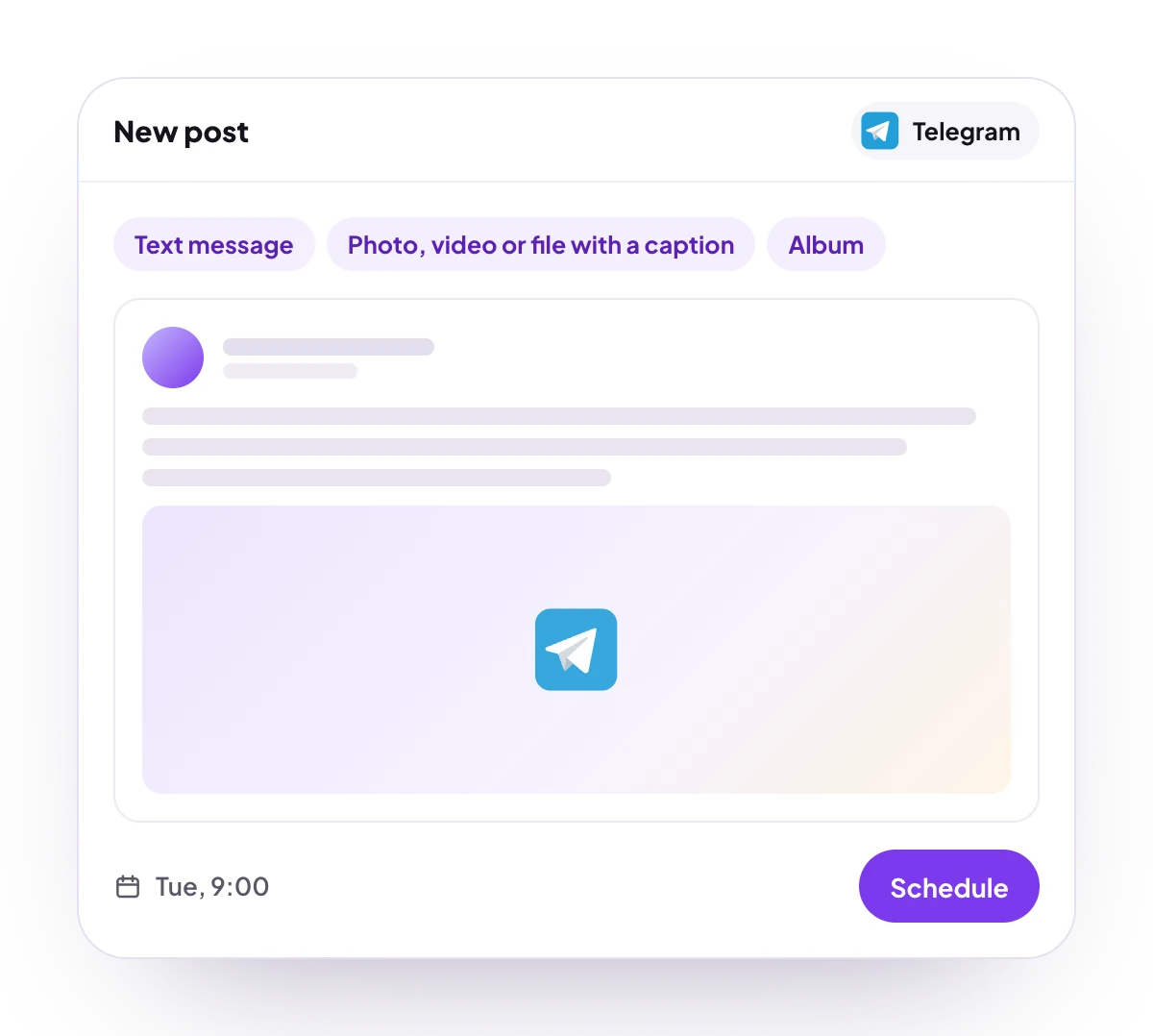 A new Telegram post in the PostQueen composer, with the post types Telegram takes and the time it goes out