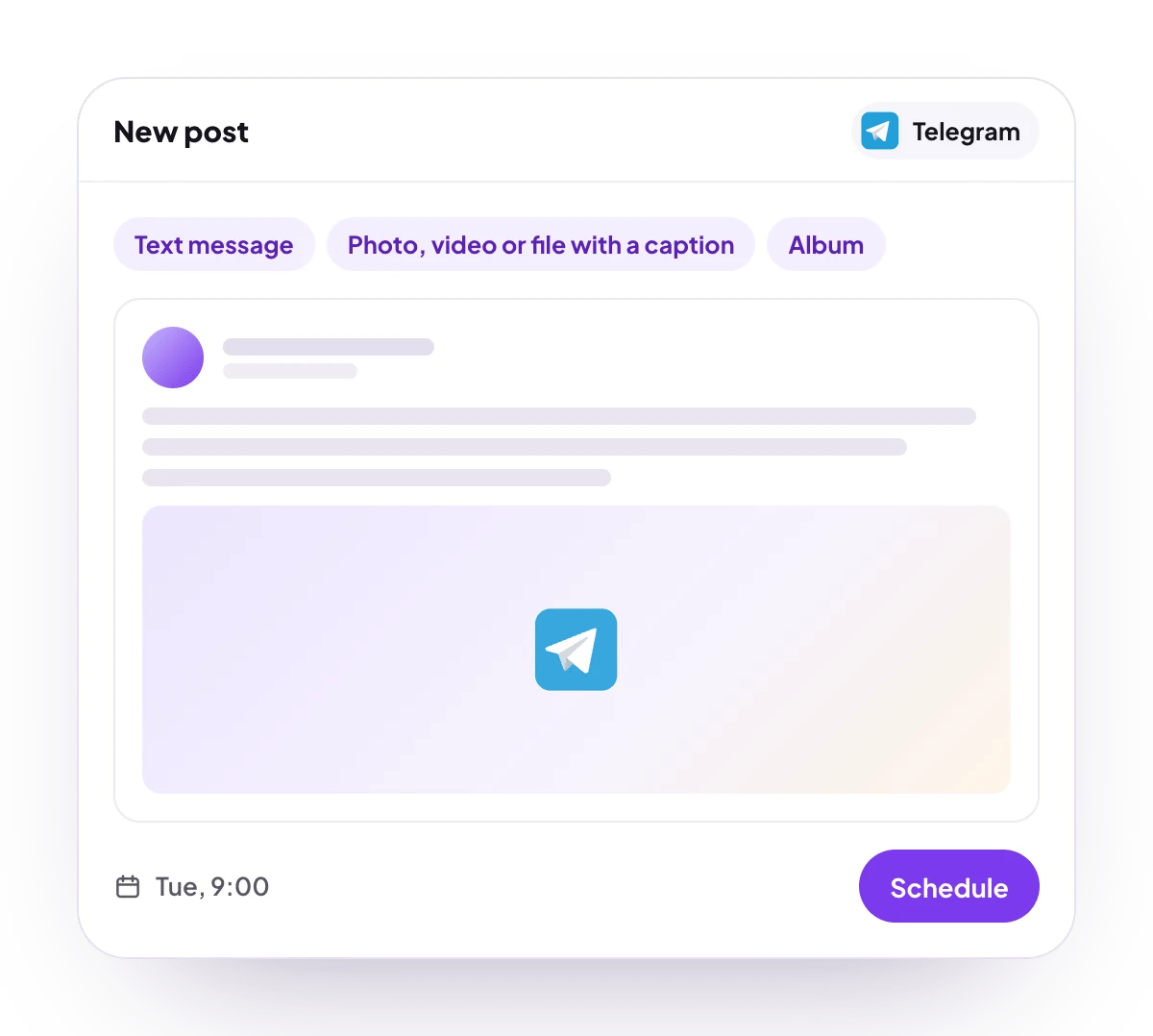 A new Telegram post in the PostQueen composer, with the post types Telegram takes and the time it goes out