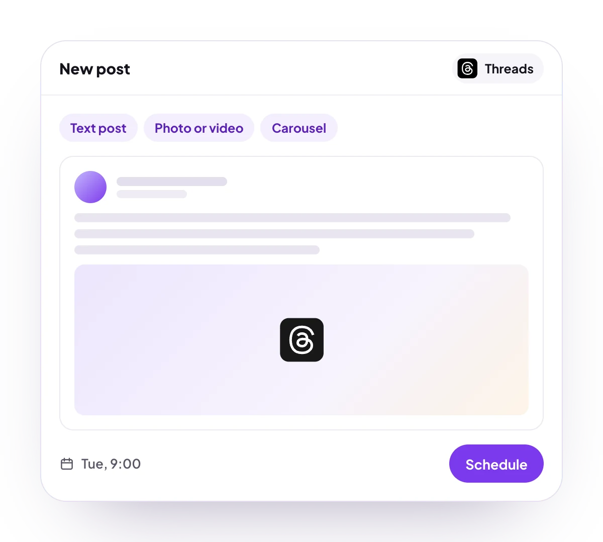 A new Threads post in the PostQueen composer, with the post types Threads takes and the time it goes out