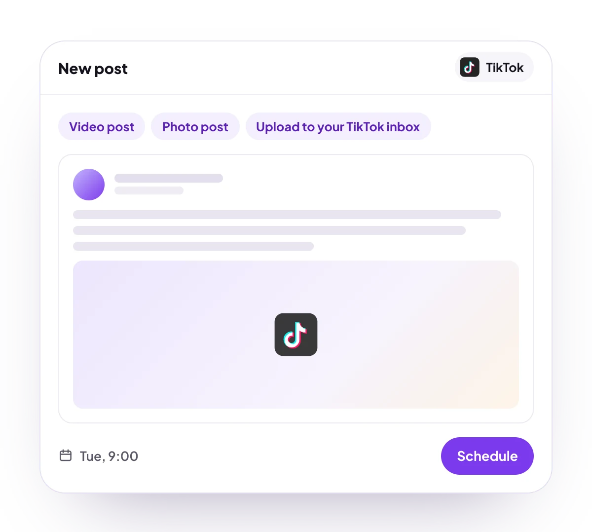 A new TikTok post in the PostQueen composer, with the post types TikTok takes and the time it goes out