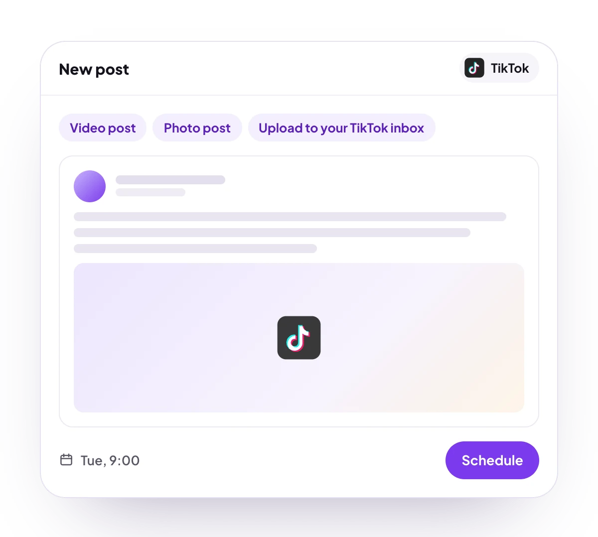 A new TikTok post in the PostQueen composer, with the post types TikTok takes and the time it goes out