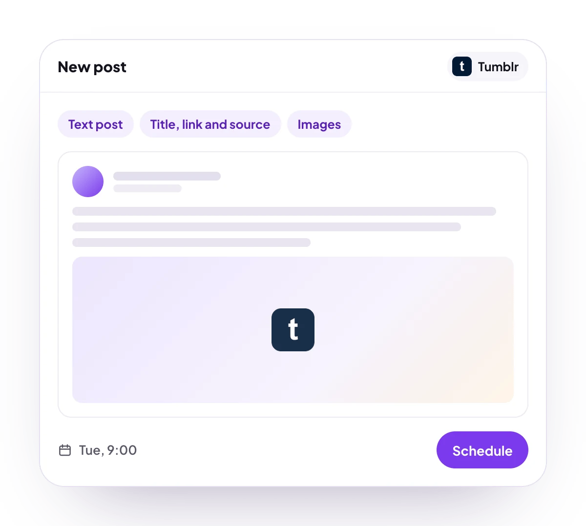 A new Tumblr post in the PostQueen composer, with the post types Tumblr takes and the time it goes out
