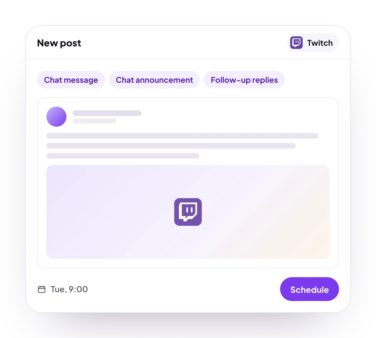 A new Twitch post in the PostQueen composer, with the post types Twitch takes and the time it goes out