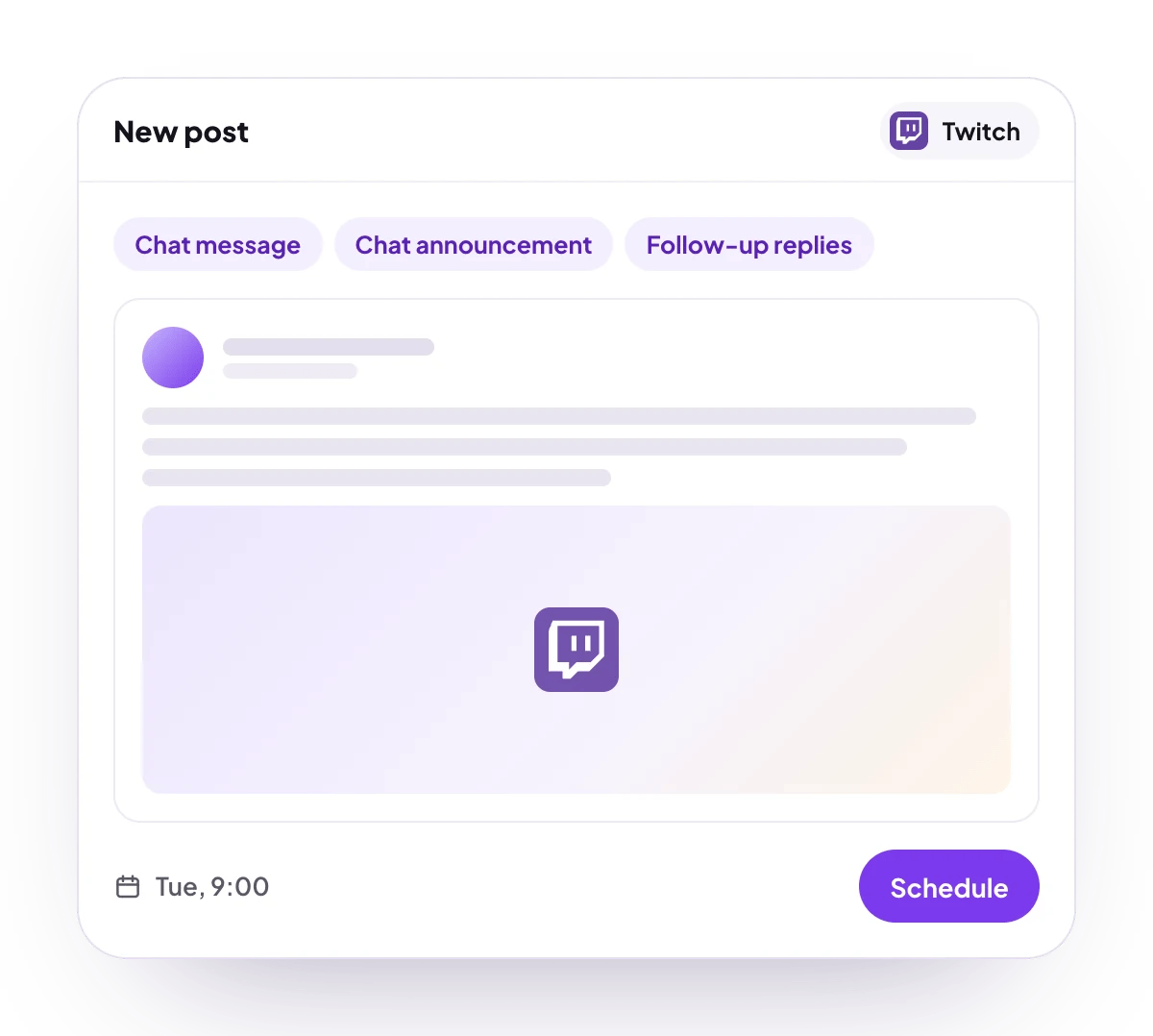 A new Twitch post in the PostQueen composer, with the post types Twitch takes and the time it goes out