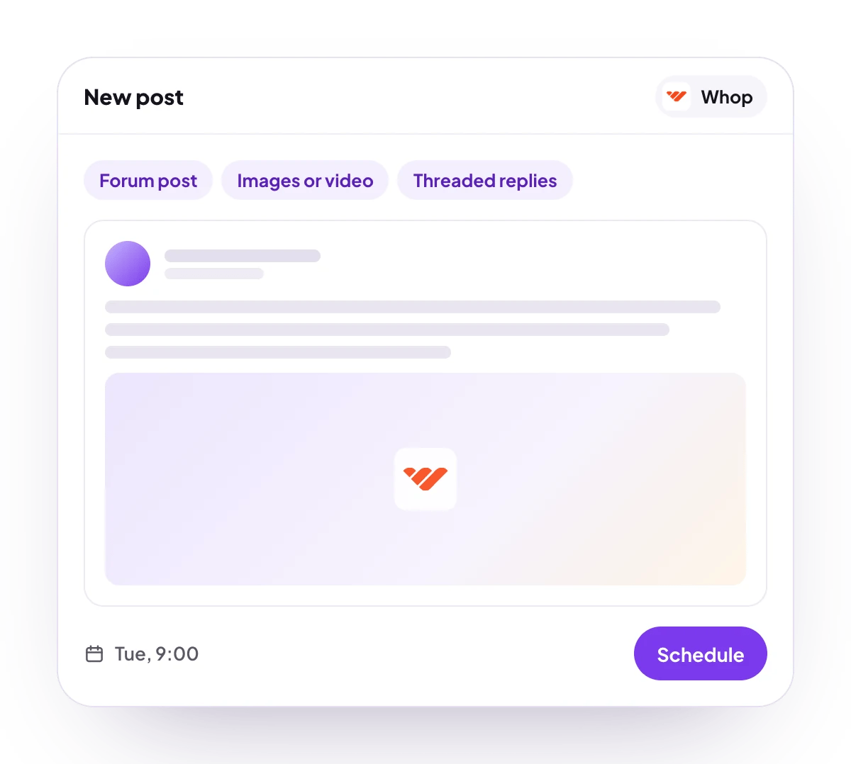 A new Whop post in the PostQueen composer, with the post types Whop takes and the time it goes out