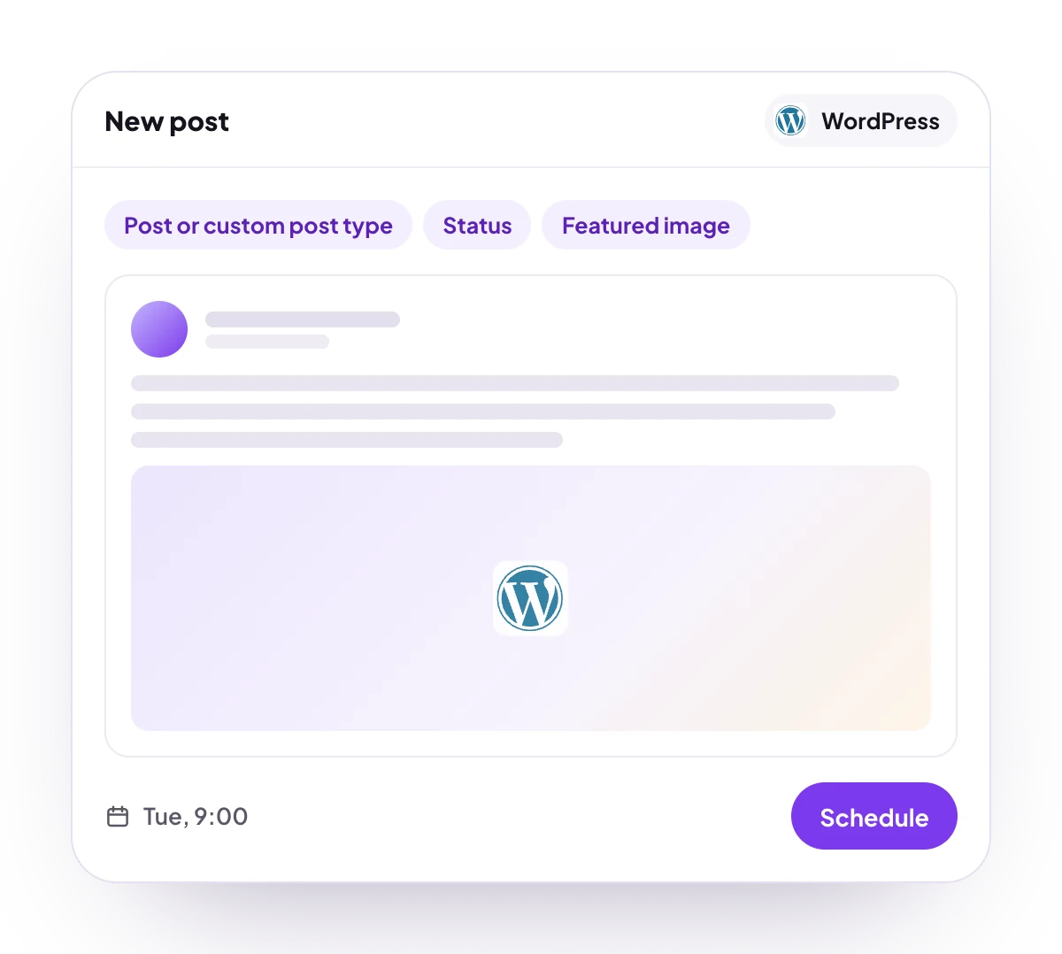 A new WordPress post in the PostQueen composer, with the post types WordPress takes and the time it goes out
