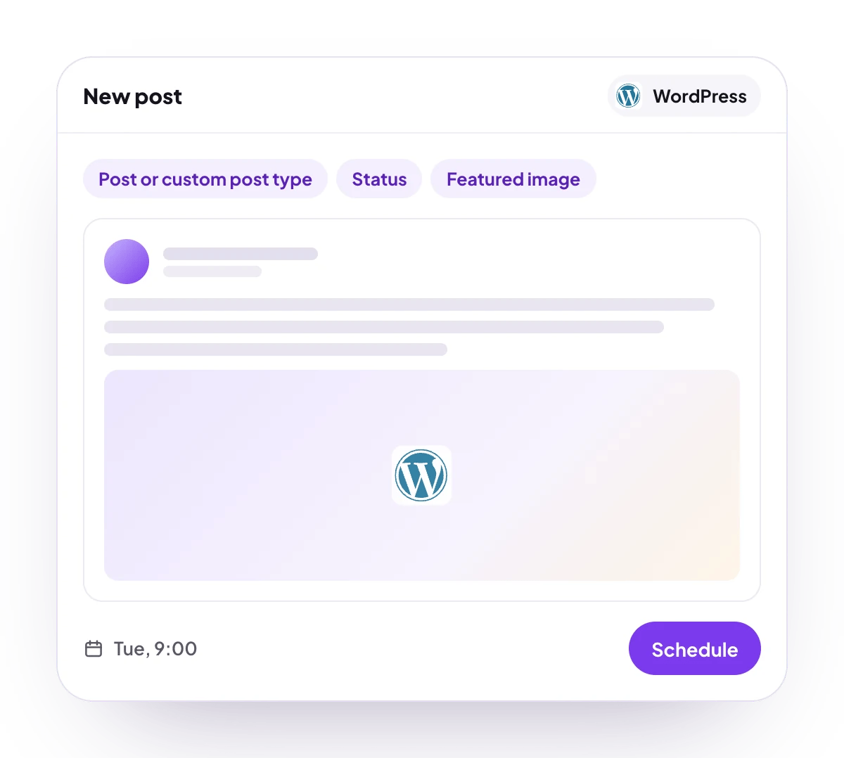 A new WordPress post in the PostQueen composer, with the post types WordPress takes and the time it goes out