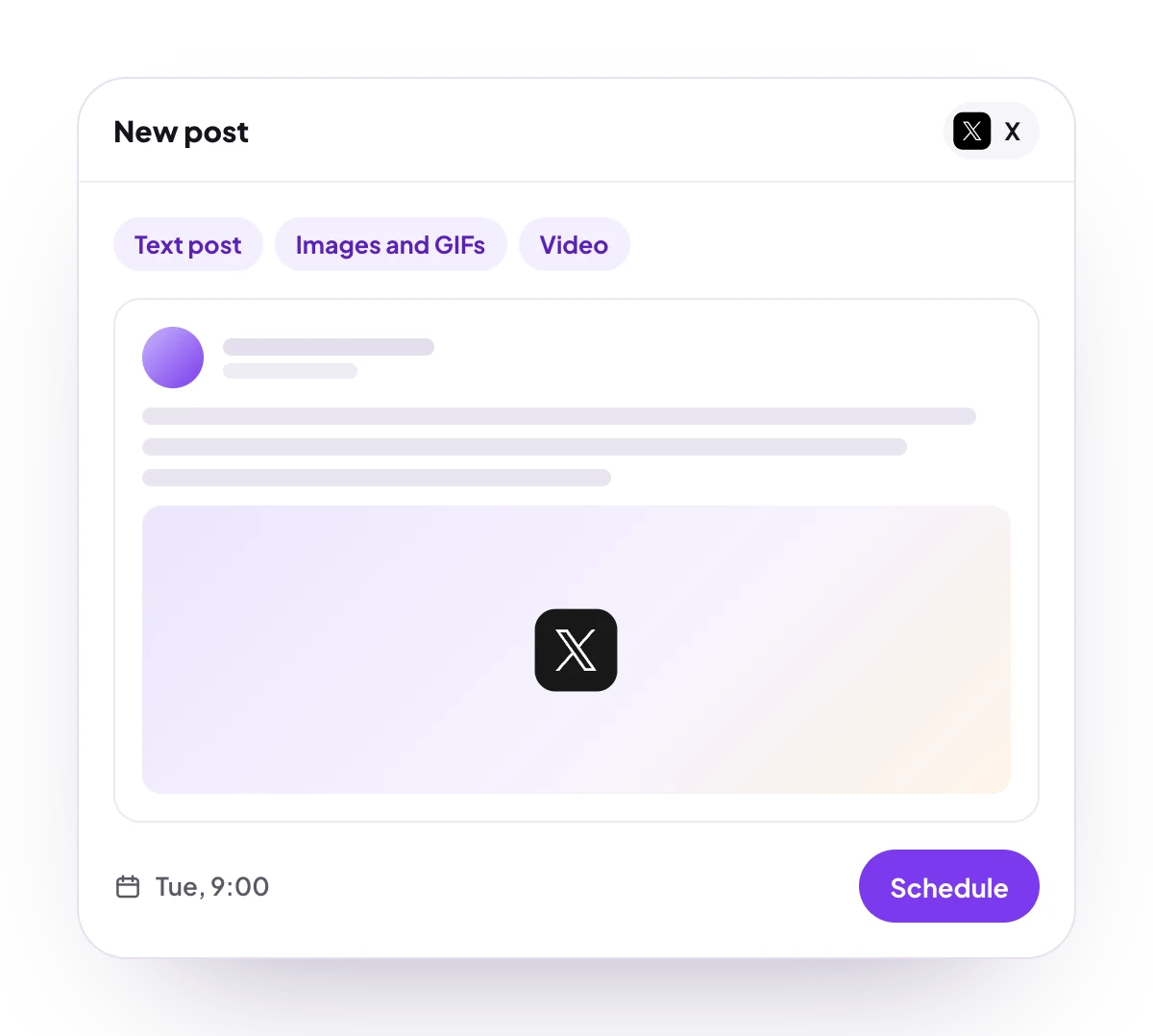 A new X post in the PostQueen composer, with the post types X takes and the time it goes out