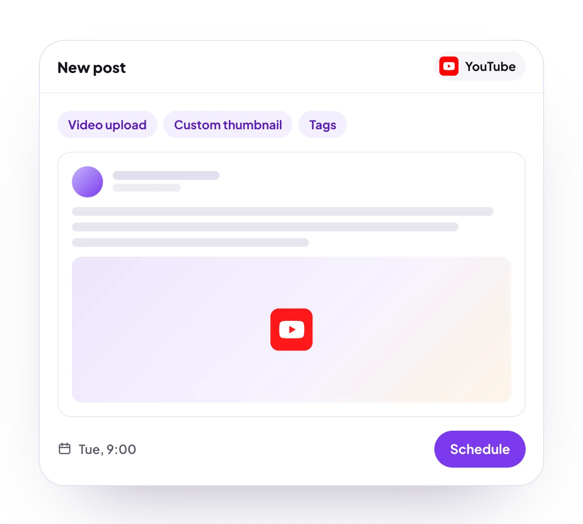 A new YouTube post in the PostQueen composer, with the post types YouTube takes and the time it goes out