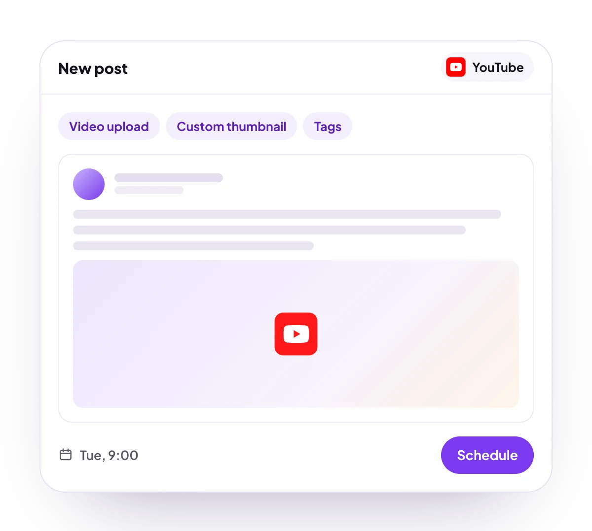 A new YouTube post in the PostQueen composer, with the post types YouTube takes and the time it goes out